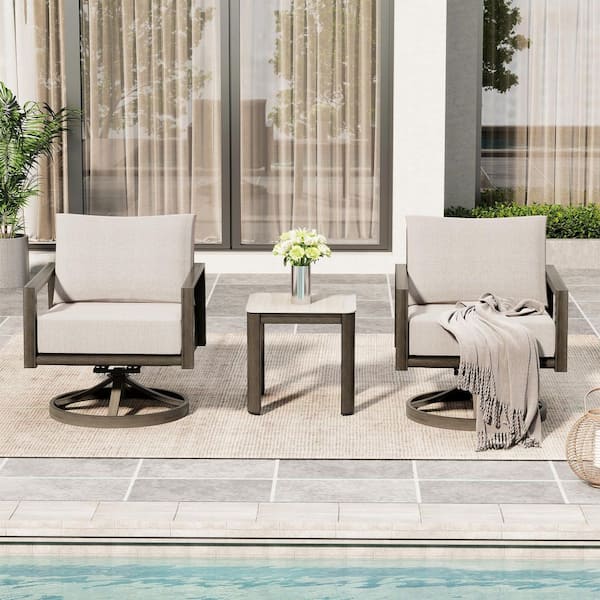 Nest Luxe 3-Piece Brown Aluminum Patio Conversation Set Swivel Chairs with Sunbrella Light Gray Cushions Side Table