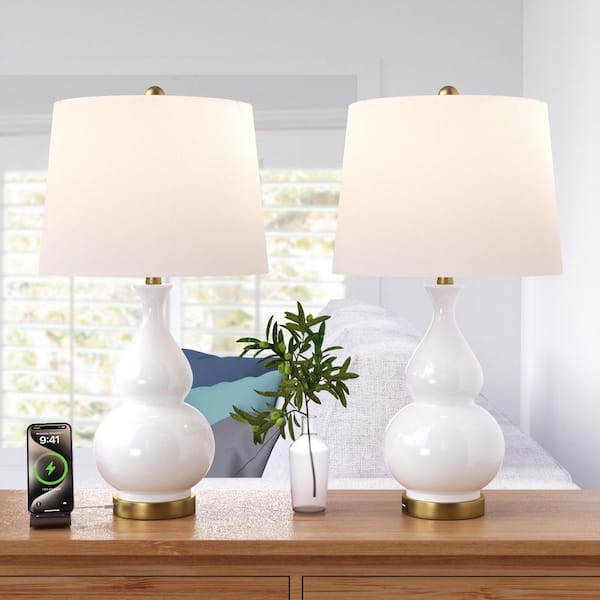 26.5 in. White Modern Dimmable Ceramic Bedroom Living Room Bedside Desk Nightstand Table Lamps USB Port (Set of 2)
