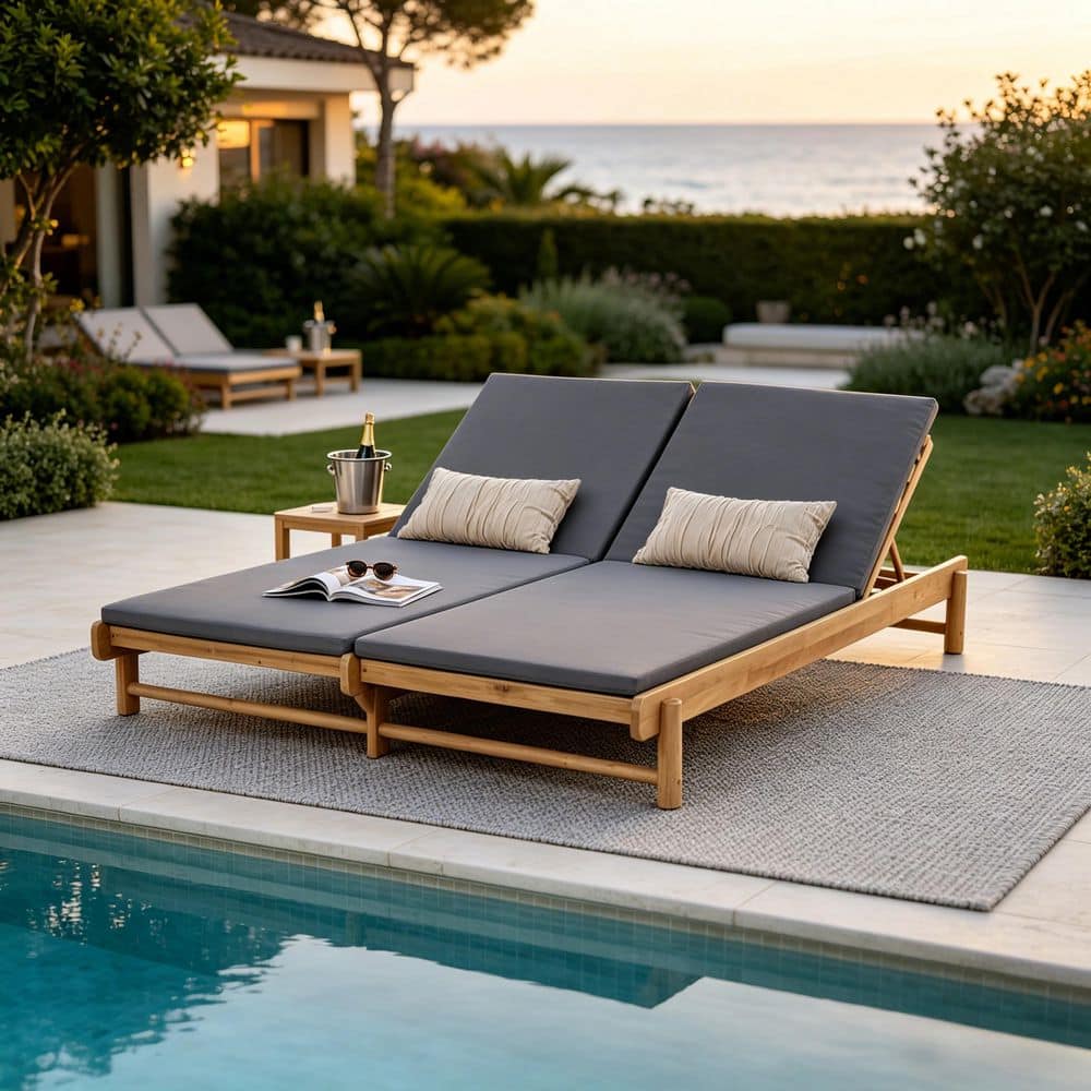 Trista Light Teak Finish Solid Wood Adjustable Patio Outdoor Double Chaise Lounges with Dark Grey Cushions price history on PriceWatchPro