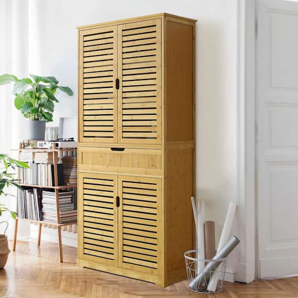 VEIKOUS Light wood Natural Bamboo 30 in. W Sideboard Kitchen Storage Cabinet with Removable Shelves and Drawer