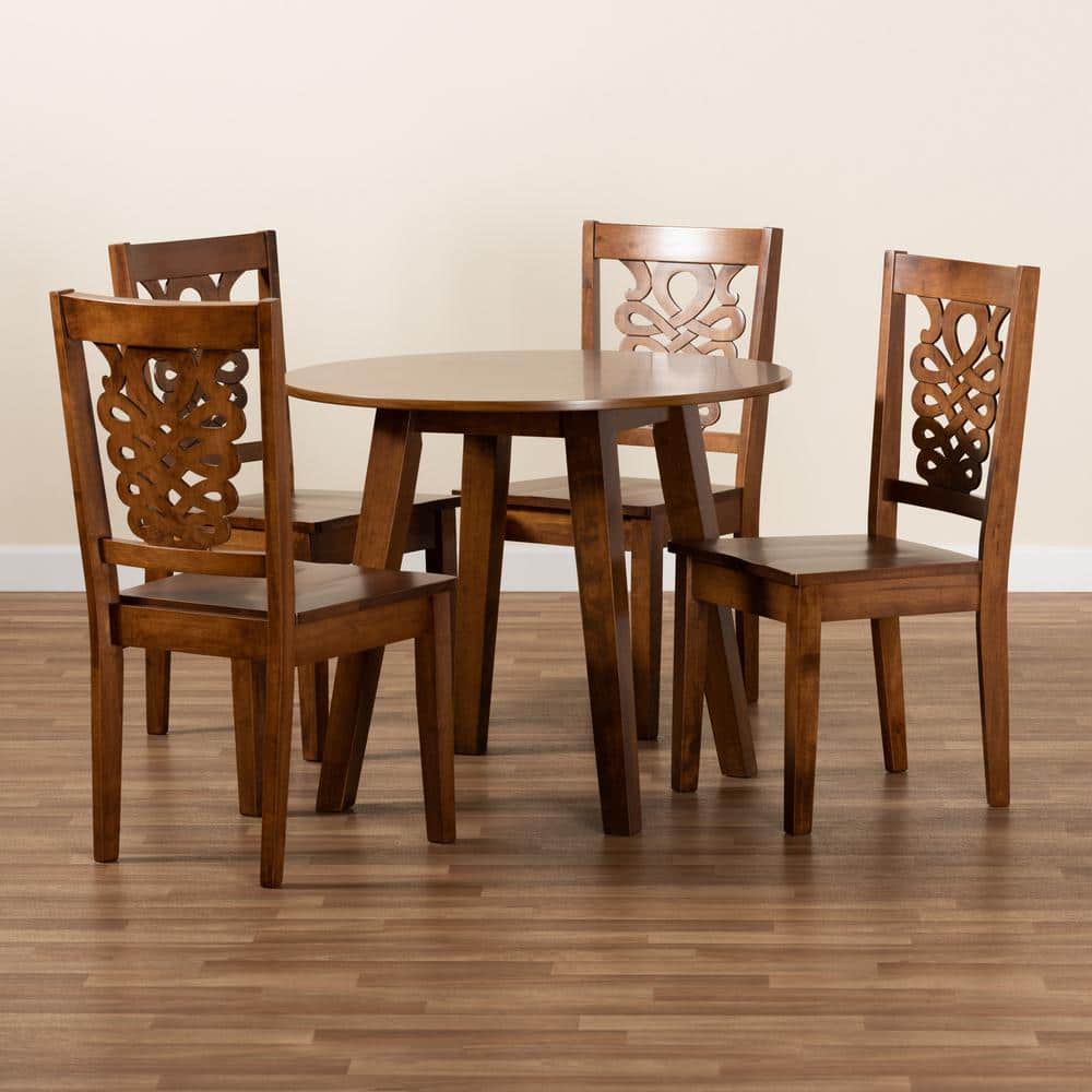 Walnut Brown Finished Wood 5-Piece Dining Set with Geometric Cut Out Chairs