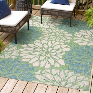 Zinnia Modern Floral Textured Weave Cream/Green 3 ft. x 5 ft. Indoor/Outdoor Area Rug