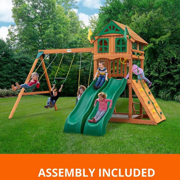 Professionally Assembled Outing III Kids Outdoor Playground Set with Wood Roof, 2 Slides, Sandbox, Rock Wall, Swing Set