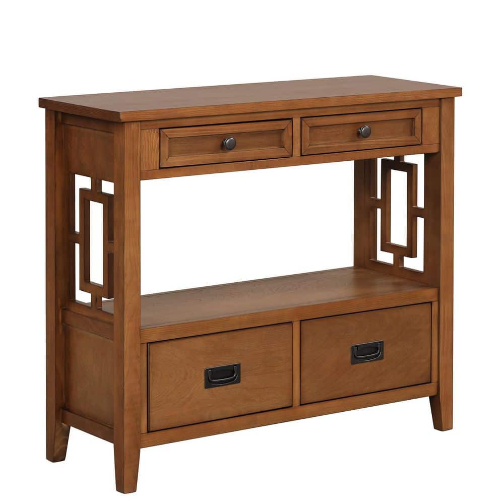 36 in. Brown Rectangular Pine Wood Console Table Entry Sofa Table with 4 Dr