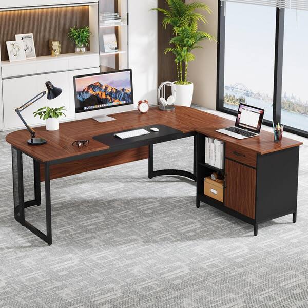 Mayitaです。デスク BYBLIGHT Lanita 62.99 in. W L-Shaped Brown Wood 1-Drawer Computer
