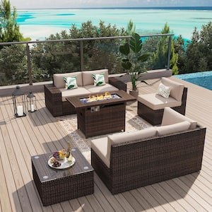 7-Piece Outdoor Fire Pit Patio Set, Patio Sectional Set with Fire Pit Table, Coffee Table, Beige Cushions, Set Covers