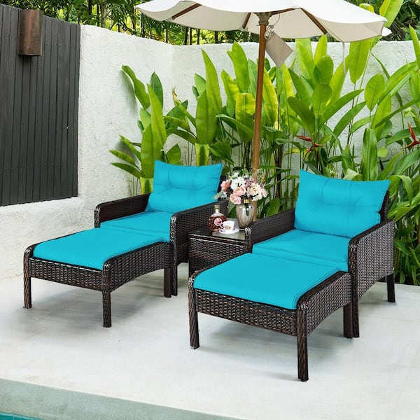 5-Piece Wicker PE Rattan Patio Conversation Set with Turquoise Cushions