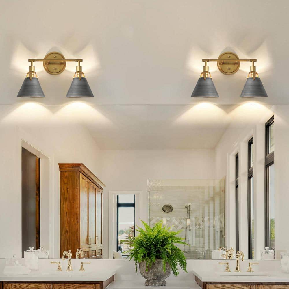 15.5" Brushed Gold and Gray Metal 2-Light Vanity Sconce