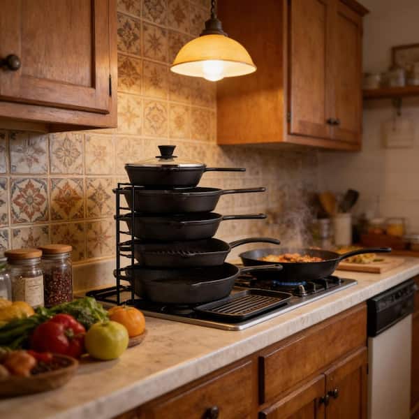 5-Tier 12.2 in. Standing Steel Pan Organizer Pot Racks for Kitchen Skillets, Griddles, Shallow Cookware, Black