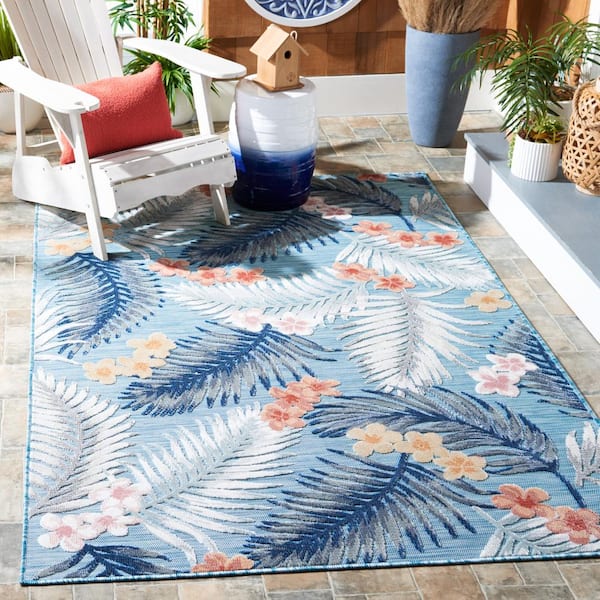 Cabana Aqua/Ivory 6 ft. x 6 ft. High-Low Botanical Floral Indoor/Outdoor Square Area Rug