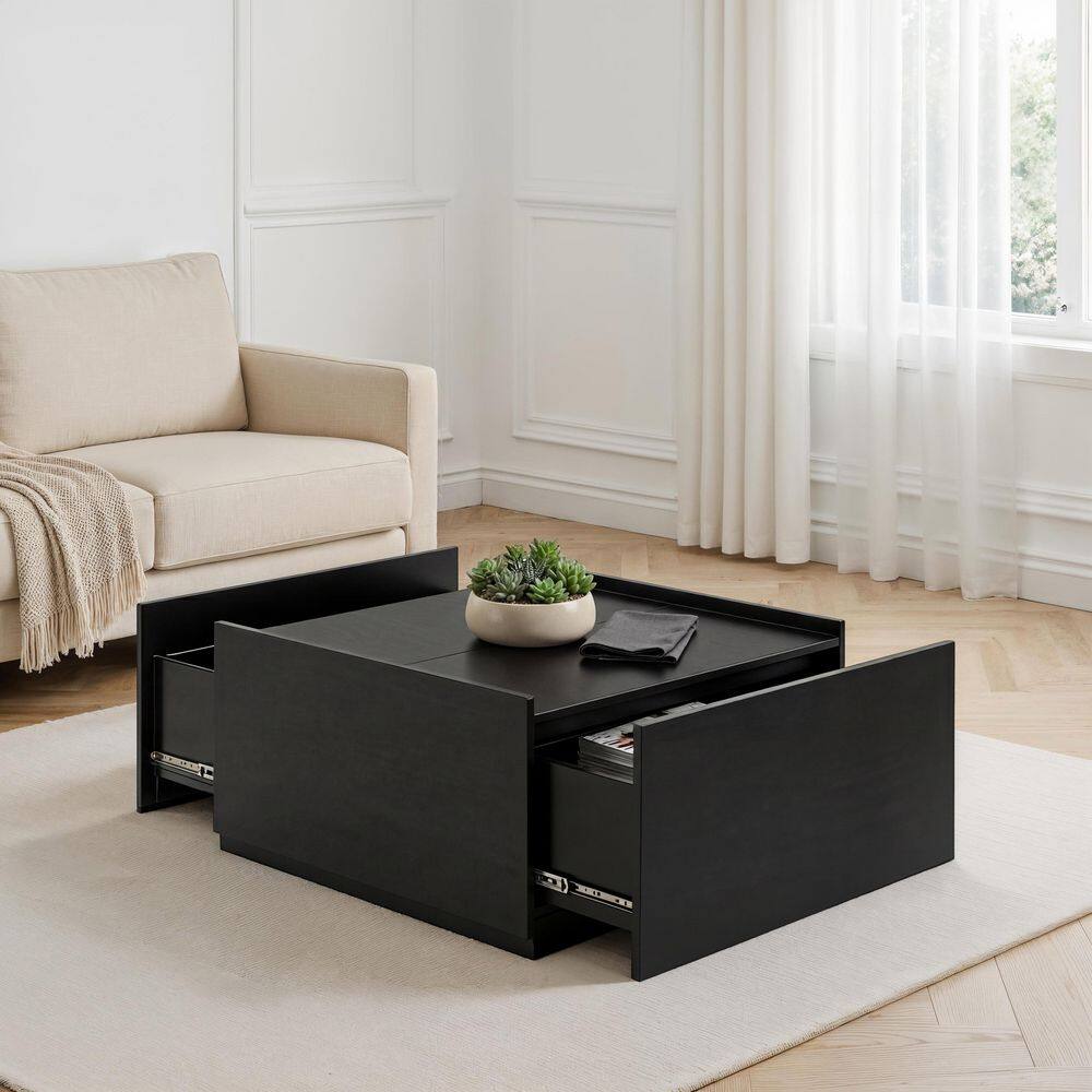 Elix 31.5 in. Black Square Wood Coffee Table with Storage Drawers