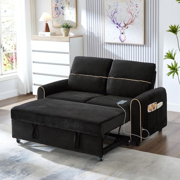 57.8 in. Black Full Size Chenille Pull Out Sofa Bed with Adjustable 3-Position Backrest and Charging Ports