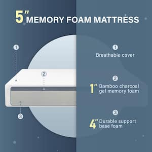 Nixy Queen Medium Memory Foam 5 in. Bed-in-a-Box CertiPUR-US Bamboo Charcoal Mattress