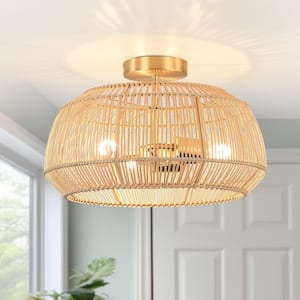 Rhett 16 in. 3-Light Coastal Rattan Semi-Flush Mount Ceiling Light