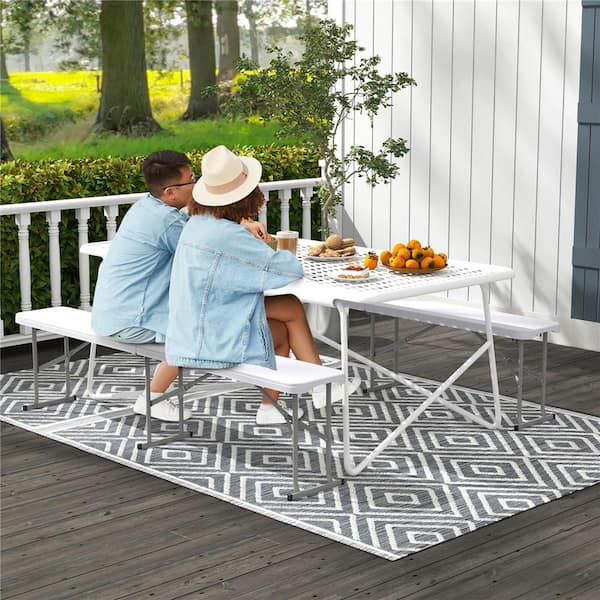 White Metal Outdoor Folding Bench Ottoman with Non-slip Foot Pads(Set of 1)