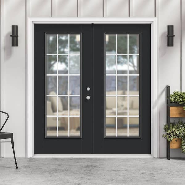 72 in. x 80 in. Jet Black Fiberglass Prehung Left-Hand Inswing GBG 15-Lite Clear Glass Patio Door with Vinyl Frame
