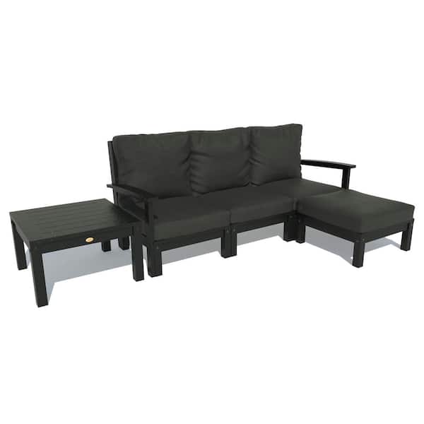 Highwood Bespoke Deep Seating 3-Piece Plastic Outdoor Couch, Ottoman and Side Table with Cushions