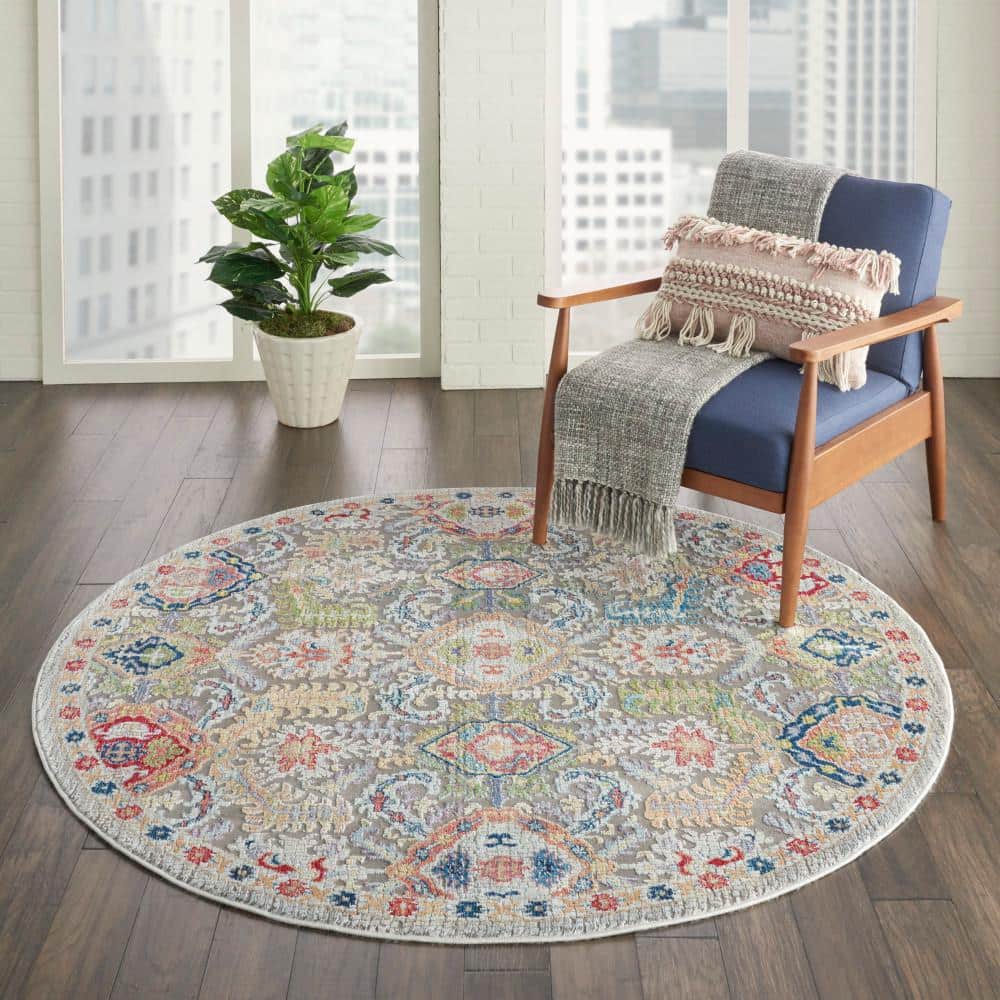 Global Vintage Easy Care 6' Round Grey Synthetic Area Rug