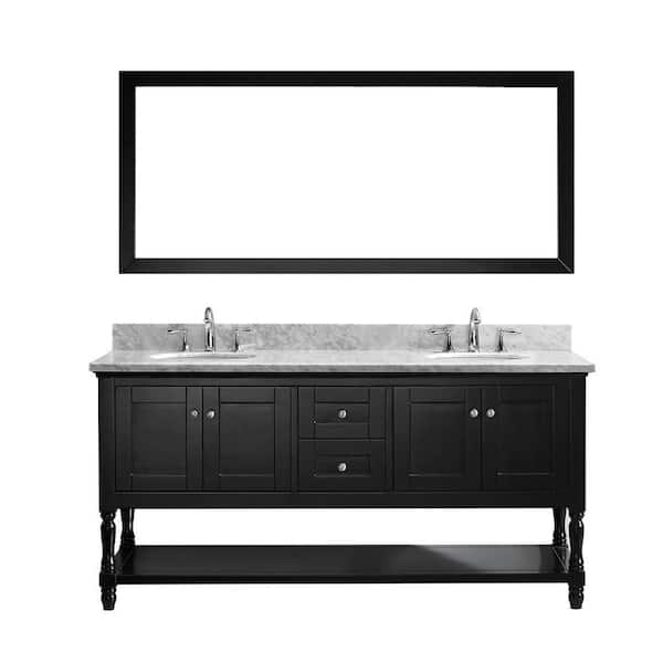 Virtu USA Julianna 72 in. W Bath Vanity in Espresso with Marble Vanity Top in White with Round Basin and Mirror