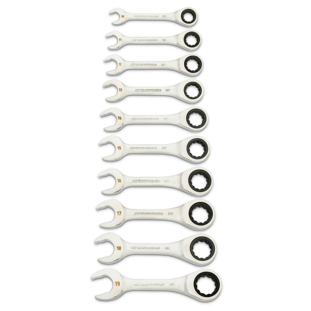 GEARWRENCH 90-Tooth 12 Point Metric Stubby Ratcheting Combination Wrench Set (10-Piece) -  86850