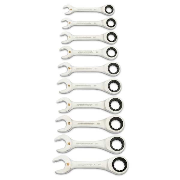GEARWRENCH 90-Tooth 12 Point Metric Stubby Ratcheting Combination Wrench Set (10-Piece)