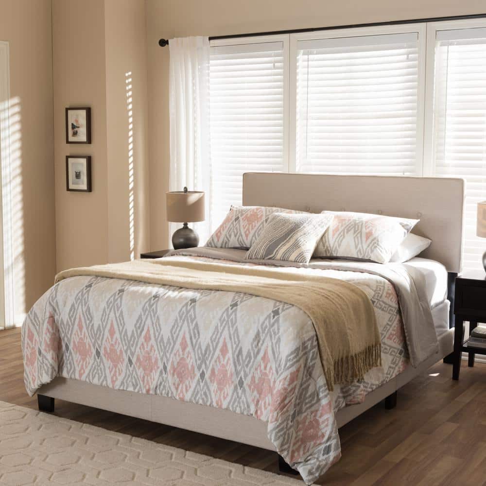 Queen Light Beige Upholstered Bed with Tufted Headboard