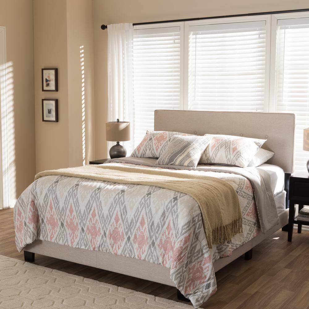 Queen Light Beige Upholstered Bed with Tufted Headboard