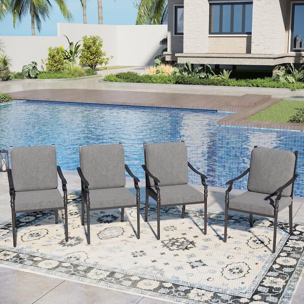 Black Metal Gourd-shaped Design Patio Outdoor Dining Chair with Gray Cushion (4-Pack)