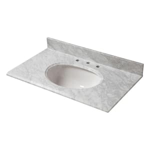 37 in. W Marble Vanity Top in Carrara with White Bowl and 8 in. Faucet Spread