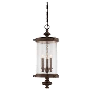 Palmer 9 in. W x 25 in. H 3-Light Walnut Patina Outdoor Hanging Lantern with Clear Seeded Glass Shade