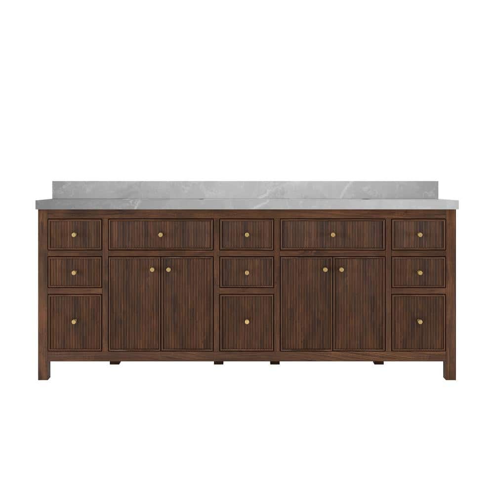 Sonoma 84" Dark Walnut Teak Double Sink Vanity with Pearl Gray Quartz Top