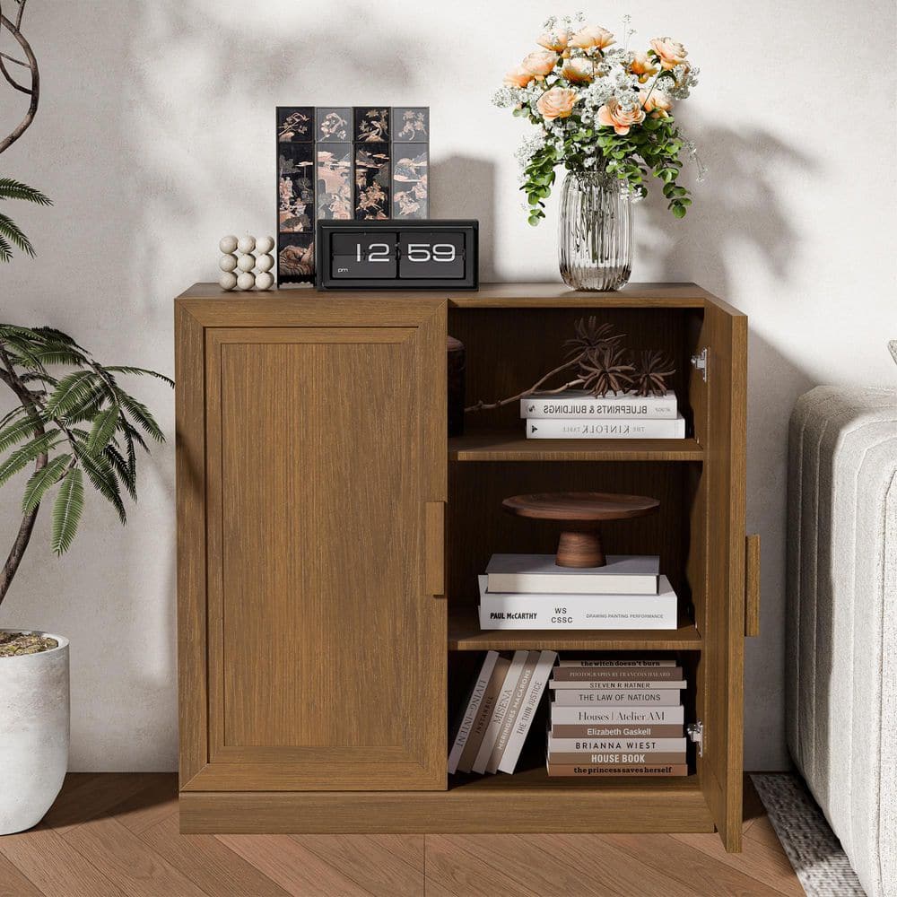 Walnut Wooden 31 in. H Storage Cabinet with Adjustable Shelves Accent Cabinet