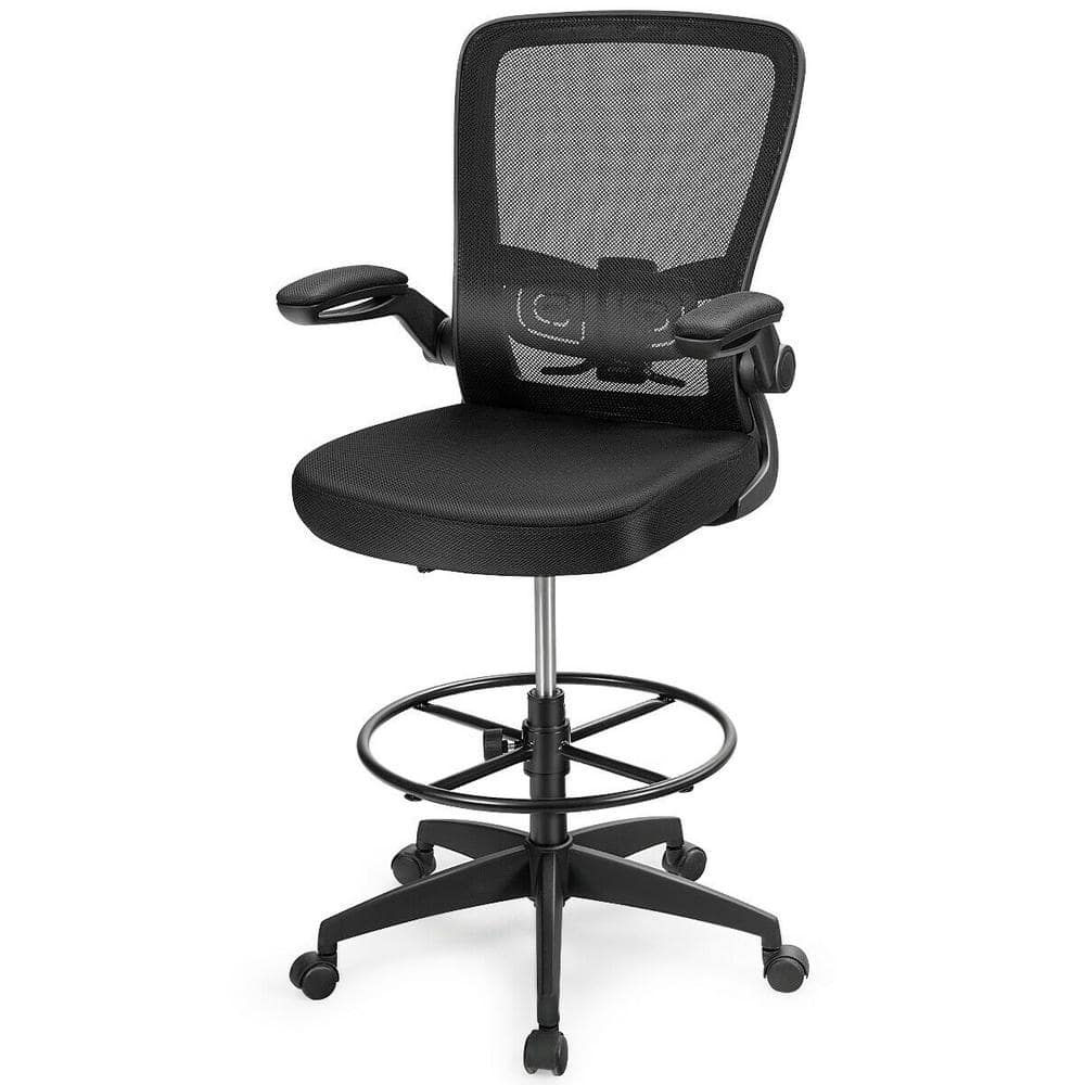 FORCLOVER Swivel Black Mesh Fabric Seat Office Drafting Chair with Flipup Arms and Lumbar