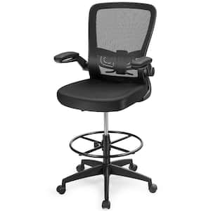 Swivel Black Mesh Fabric Seat Office Drafting Chair with Flip-up Arms and Lumbar Support