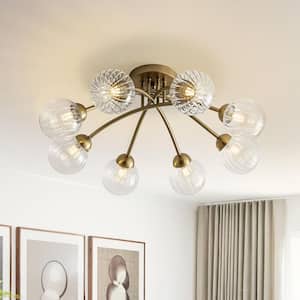 27 in. Sputnik Matte Gold Semi-Flush Mount Ceiling Light Chandelier with Clear Ribbed Globe Glass Shade for Living Room