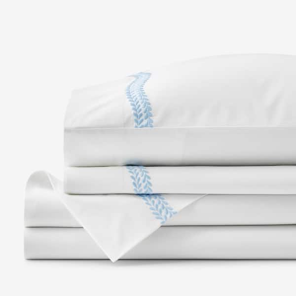 The Company Store Legends Hotel Embroidered Leaf White/Blue Floral Egyptian Cotton Full Sheet Set
