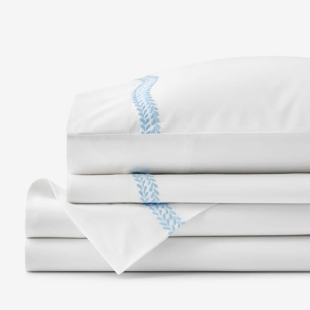 The Company Store Legends Hotel Embroidered Leaf White/Blue Floral Egyptian  Cotton King Sheet Set 51073L-K-WHI/BLUE - The Home Depot