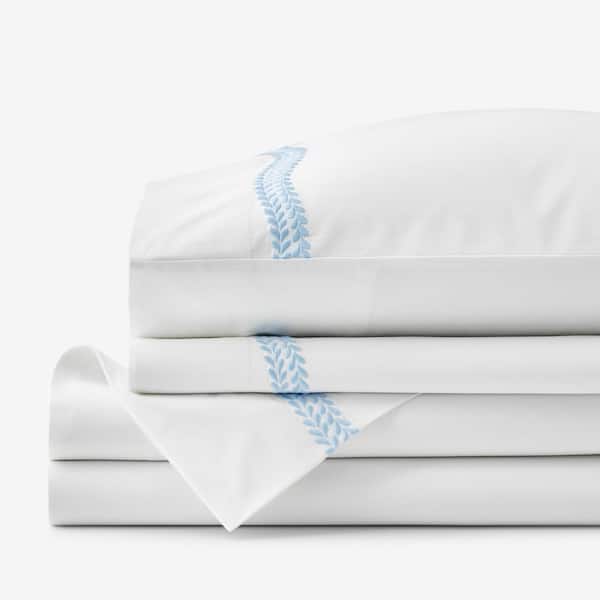 The Company Store Legends Hotel Embroidered Leaf White/Blue Floral Egyptian Cotton Queen Sheet Set
