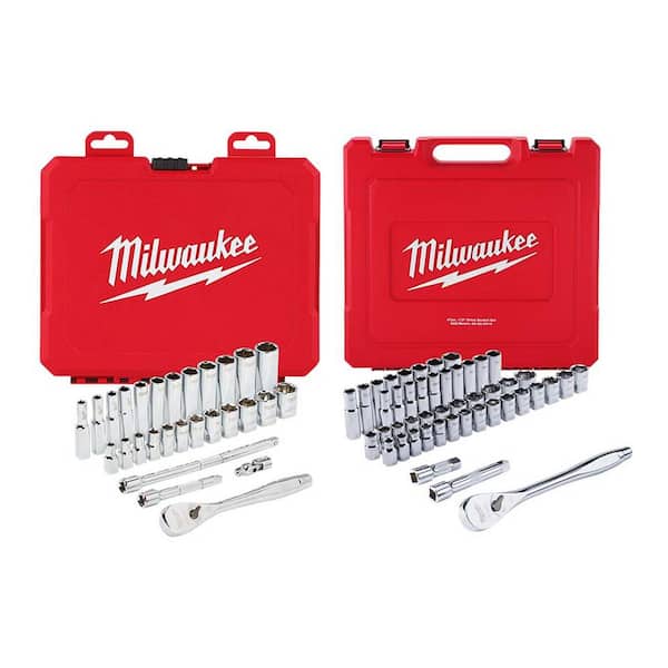 Milwaukee 1/4 in. Drive Metric Ratchet/Socket Mechanics Tool Set with 1/2 in. Drive SAE/Metric Ratchet/Socket Set (75-Piece)