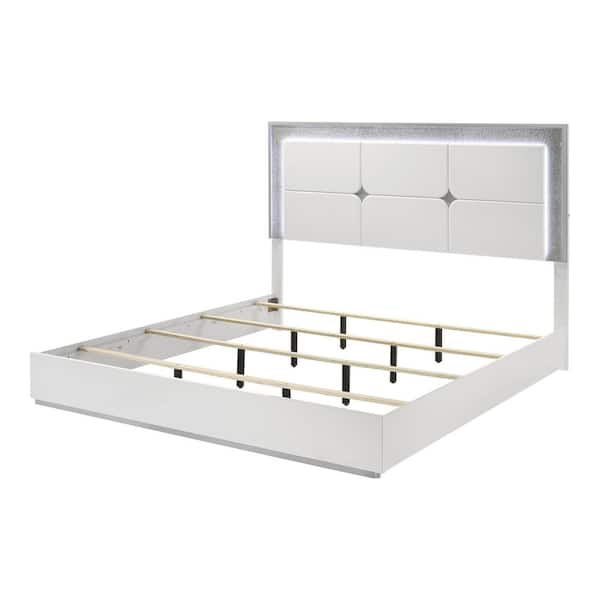 Nomite White Wood Frame King Panel Bed with LED on Headboard and Silver Rhinestone Trim