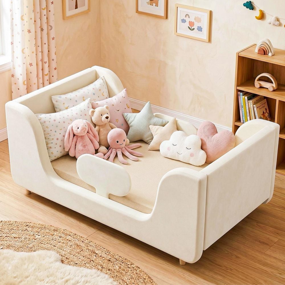 Toddler Bed Toddler Floor Bed Frame with Removable Guard Rails Kids Bed Standard Crib Size (Mattress Not Included)