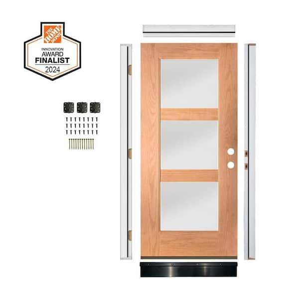 DIY Modern 36"x 79 in. 3-Lite Left-Hand Inswing Frosted Glass Teak Stain Fiberglass Front Door Kit w/Quick Assemble Jamb