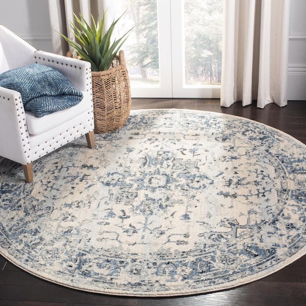 Charleston 12 ft. x 12 ft. Round Ivory/Navy Distressed Border Area Rug