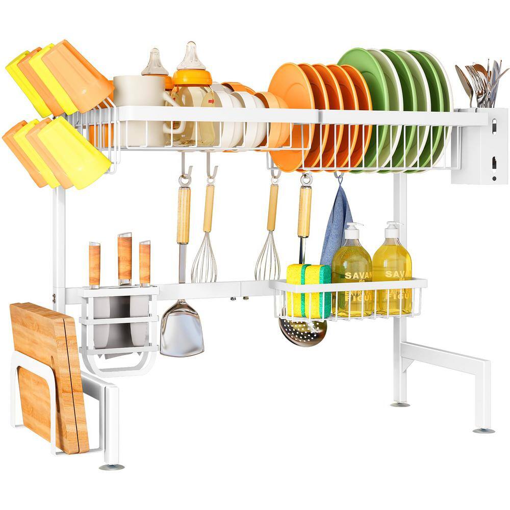 White 2-Tier Adjustable (26.8 in. to 34.6 in.) Metal Dish Drainer Drying Rack with Multiple Baskets and Holders price history on PriceWatchPro