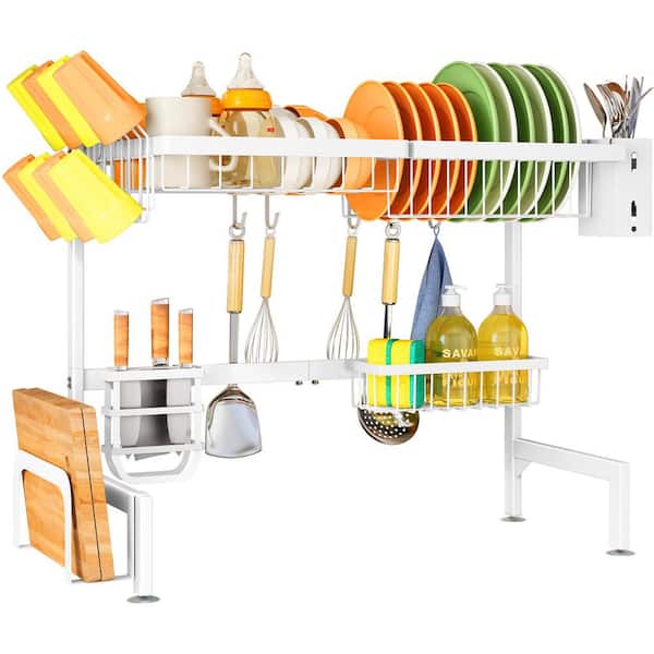 White 2-Tier Adjustable (26.8 in. to 34.6 in.) Metal Dish Drainer Drying Rack with Multiple Baskets and Holders