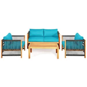 4-Piece Wood Patio Conversation Set with Turquoise Cushion