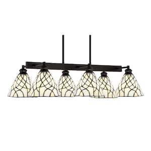 Albany 6 Light Espresso Downlight Chandelier, Linear Chandelier for the Kitchen with Sandhill Art Glass Shades