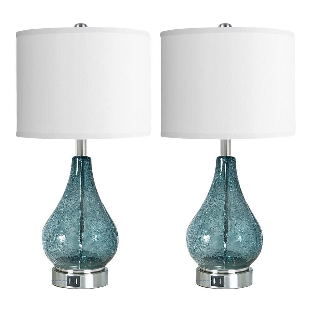 22.5 in. H Blue 3 Way Dimmable Modern Glass Table Lamp with White Fabric Sh