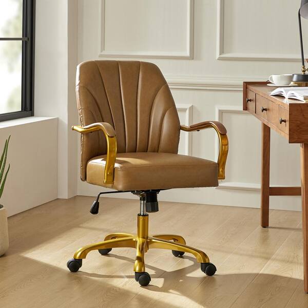 JAYDEN CREATION Stephanie Leather Wood Swivel Tilting Task Chair in Camel with Channel Tufted Back