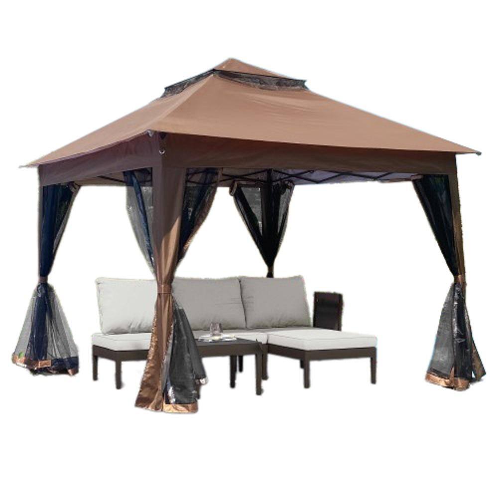 ITOPFOX 11 Ft X 11 Ft Brown Pop Up Gazebo Canopy With Removable Zipper Netting 2 Tier